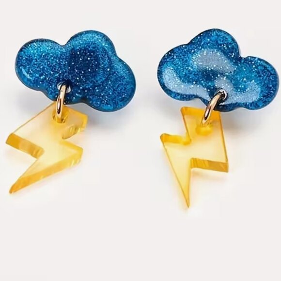 Blue Glitter Cloud Lightning Bolt Earrings - NEW!! - Picture 1 of 8